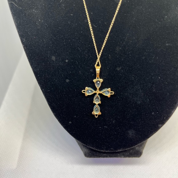 14kt yellow gold natural blue topaz and diamond 18” cross necklace - Picture 3 of 4
